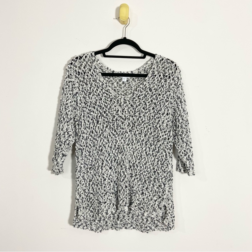 J. Jill Black White Openwork Knit Curved V-Neck 3/4 Sleeve Sweater